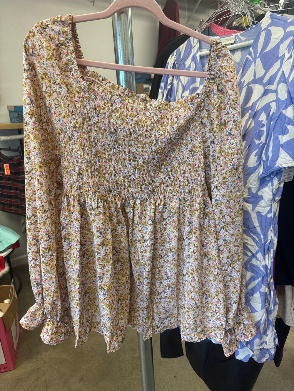 Smocked Floral Peasant Blouse — Pink/Cream